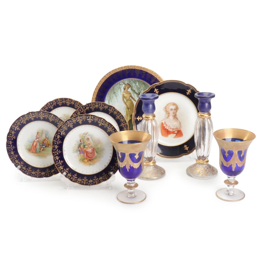 Decorative Plates with Candle Holders and Goblets Including Dresden Plates