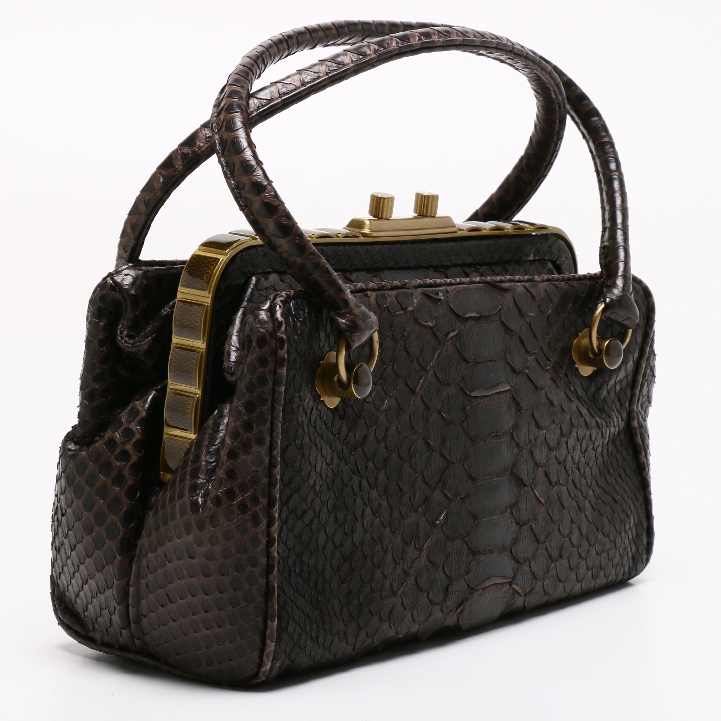 Bottega Veneta Dark Brown Python Skin Frame Bag