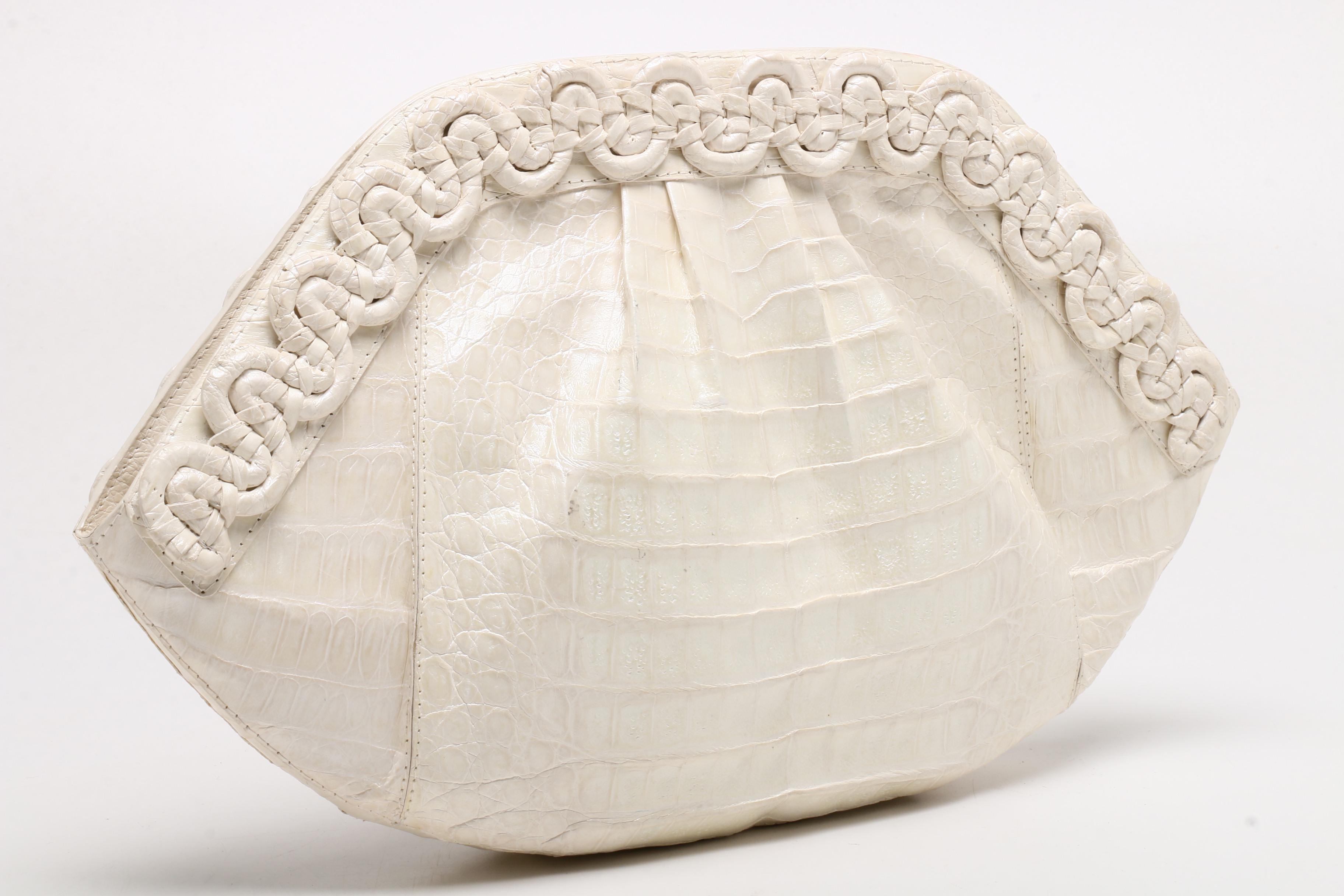 Nancy Gonzalez Pearlescent White Caiman Crocodile Clutch