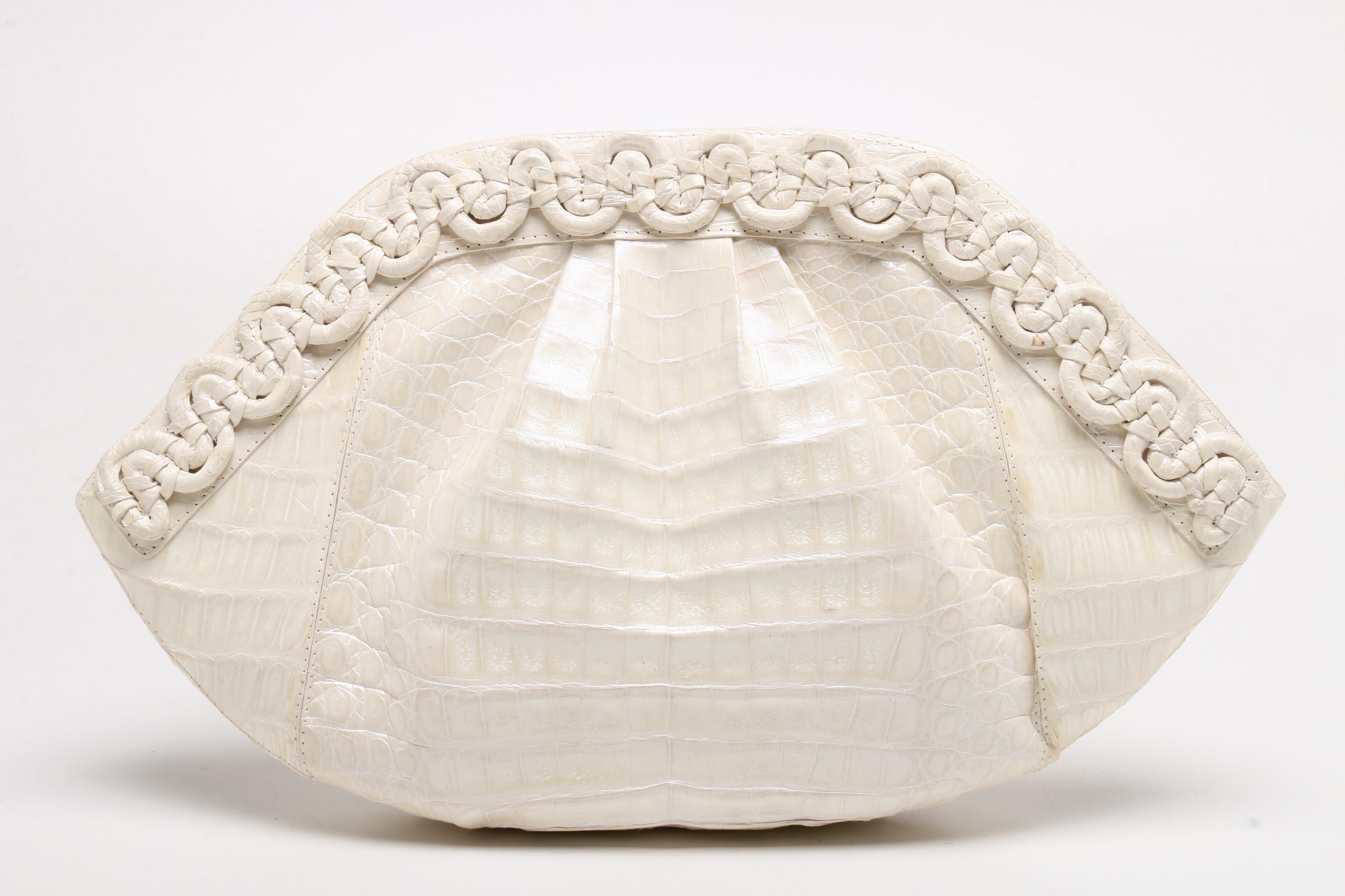 Nancy Gonzalez Pearlescent White Caiman Crocodile Clutch