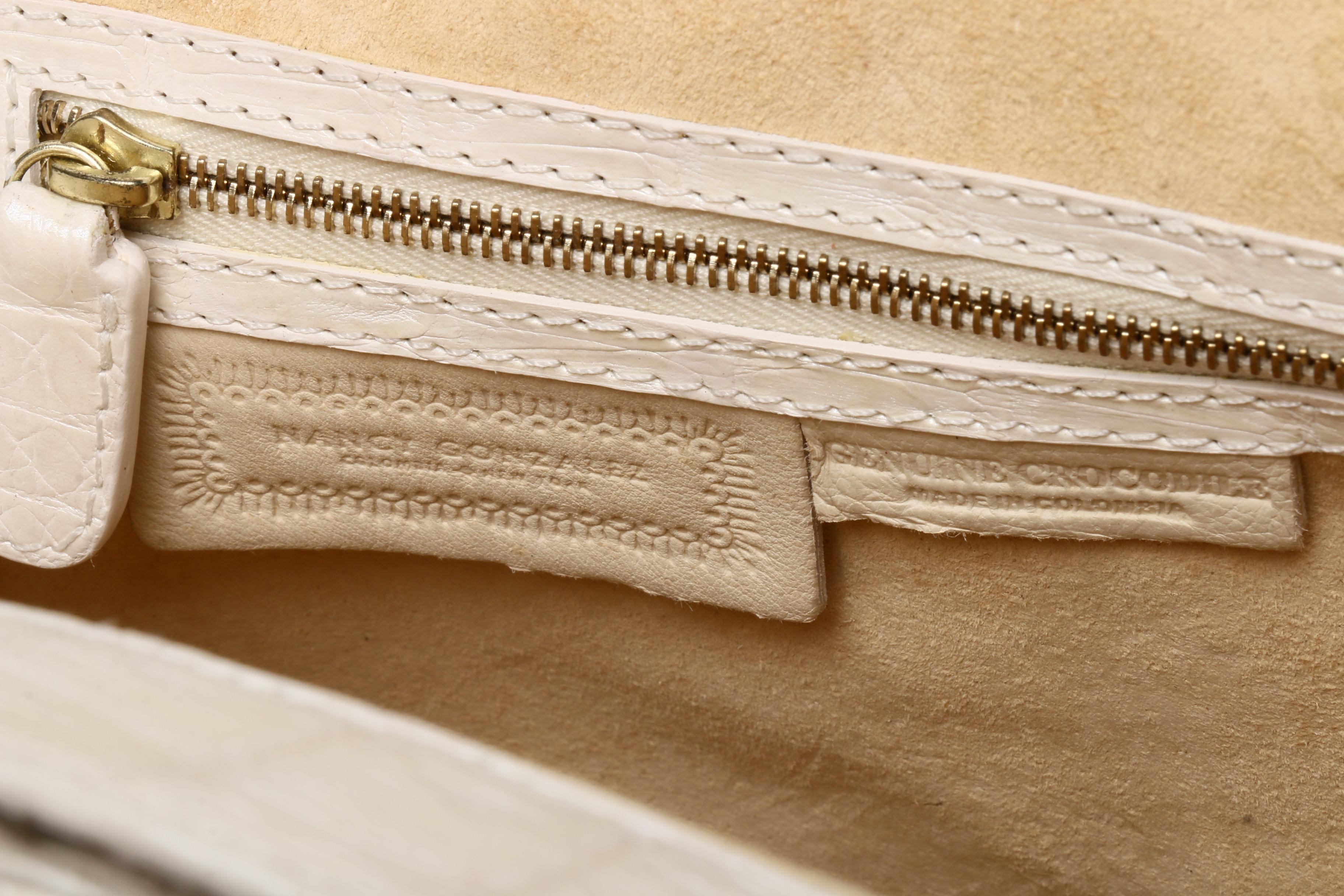 Nancy Gonzalez Pearlescent White Caiman Crocodile Clutch