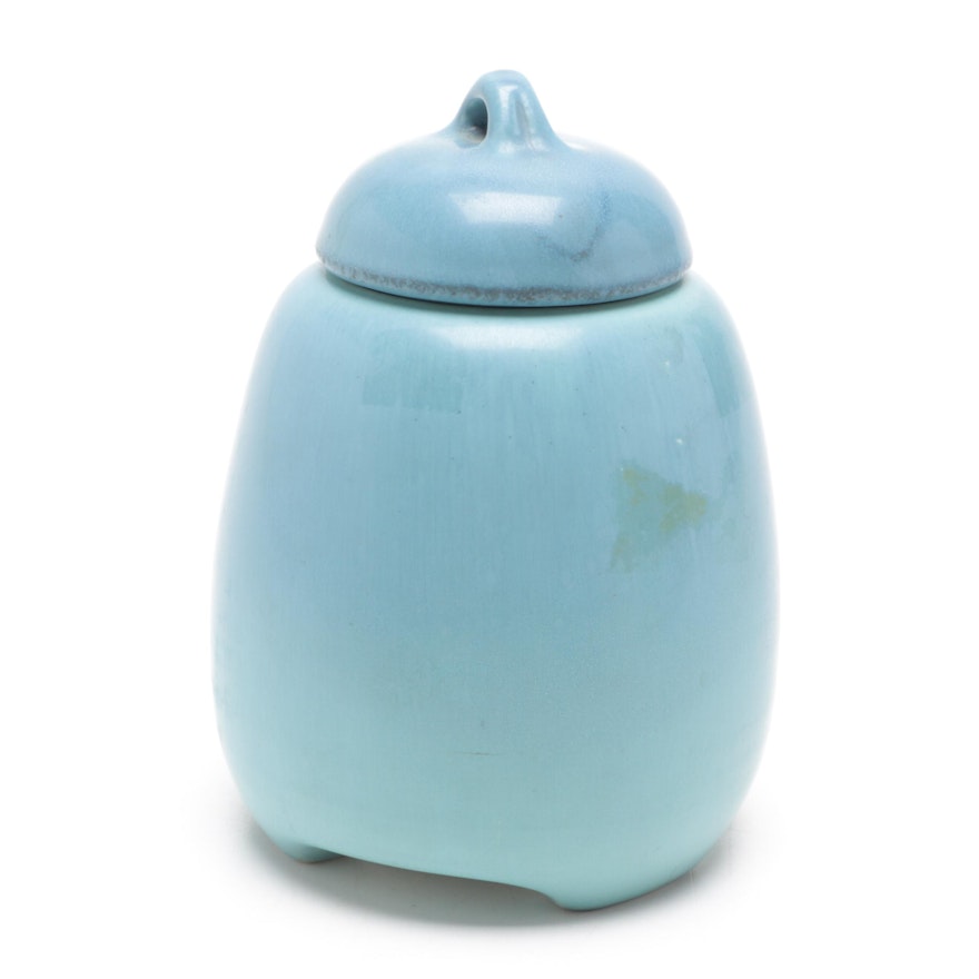 Rookwood Pottery Lidded Jar in Turquoise Matte Glaze, 1920