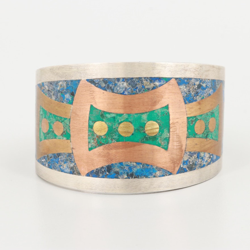 Taxco Sterling Gemstone Inlay Cuff Bracelet with Copper and Gold Tone Accents