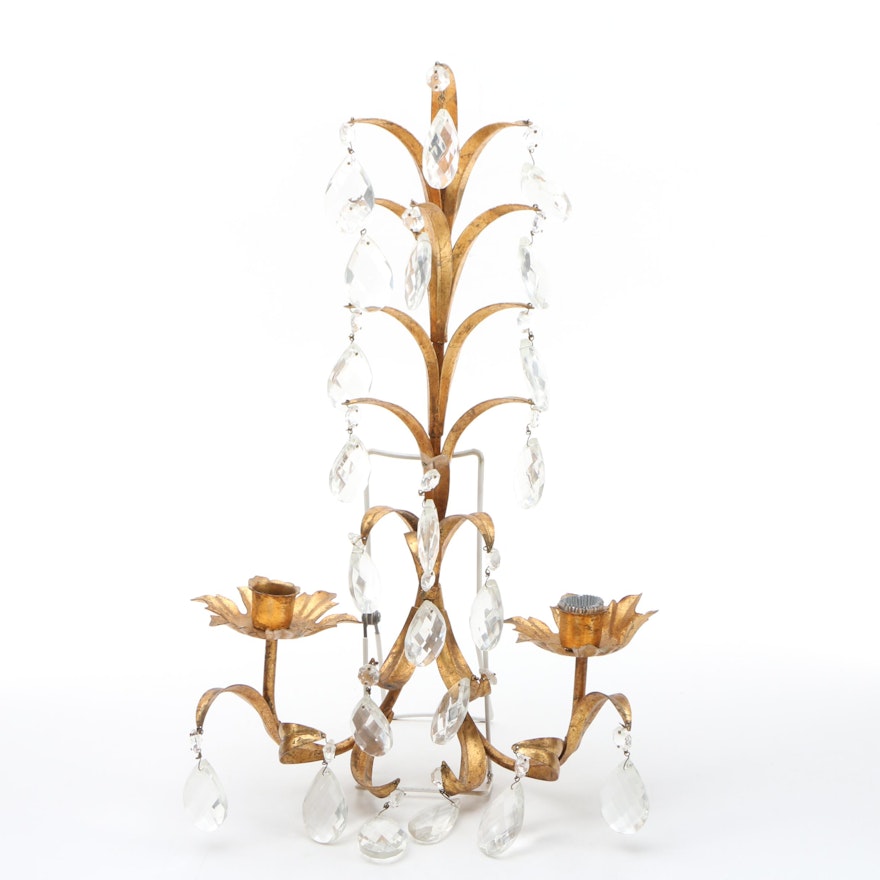 Tole Candle Sconce with Glass Drops, Mid to Late 20th Century