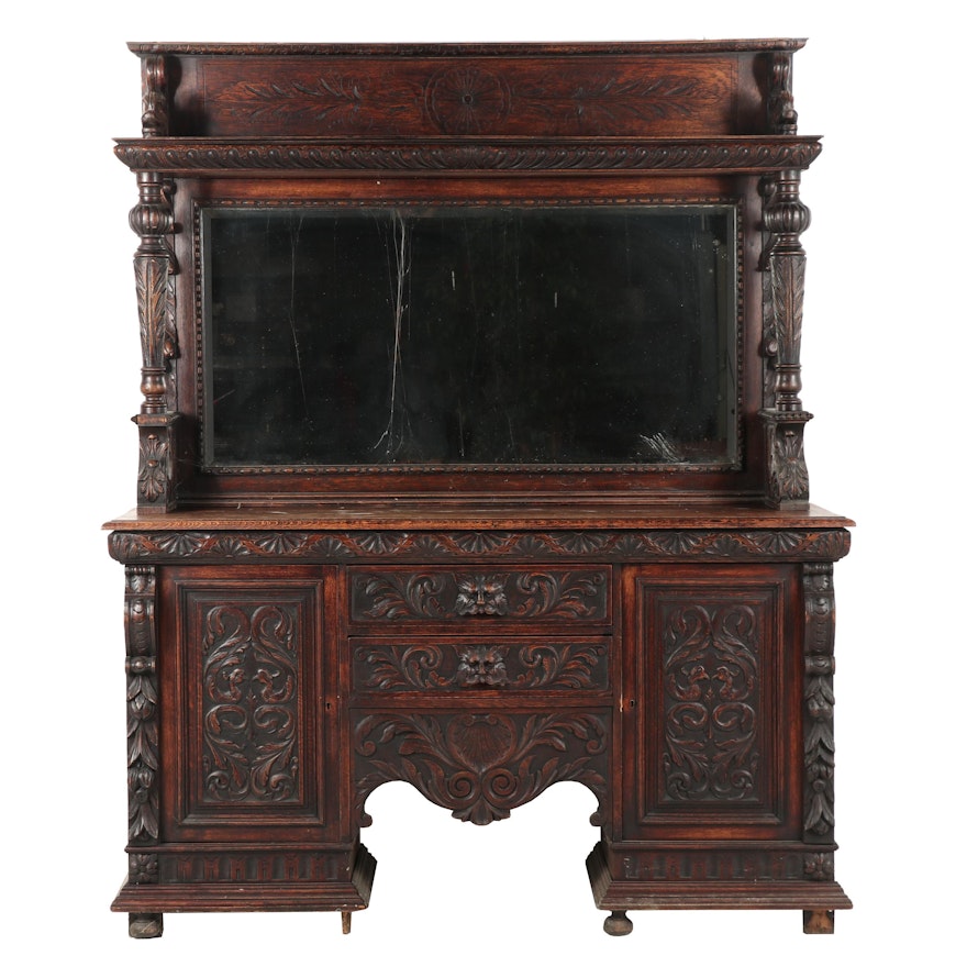 Renaissance Revival Carved English Oak Sideboard with Mirror, Late 19th Century