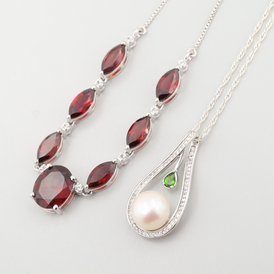 Sterling Silver Garnet, Cultured Pearl and Diopside Necklaces