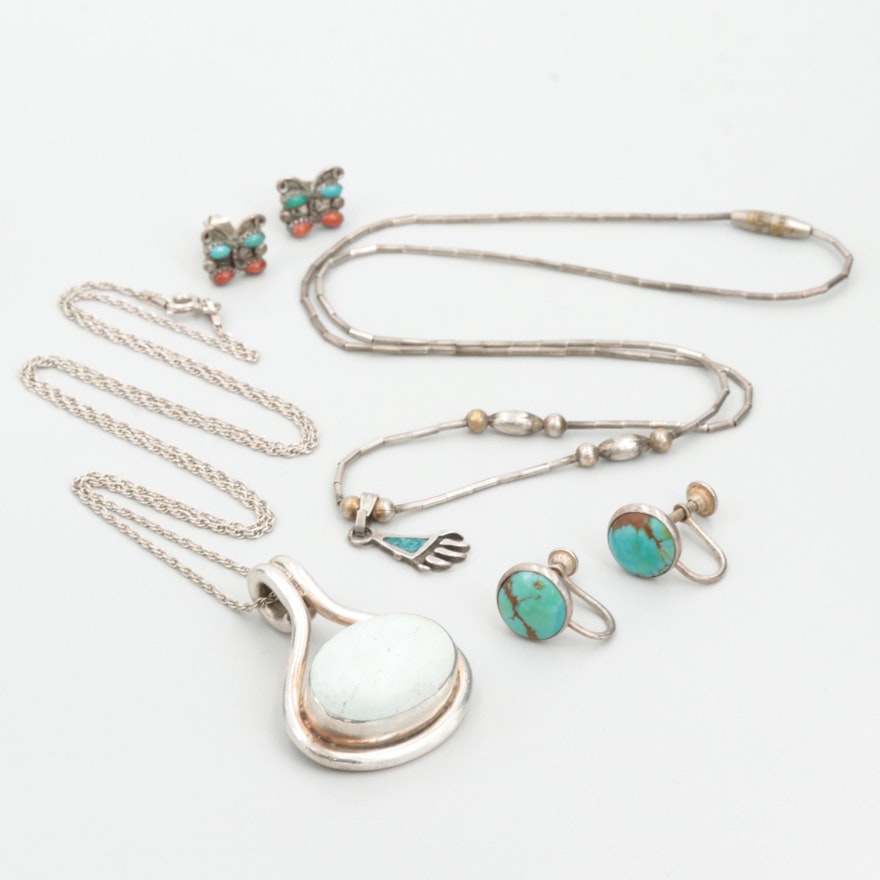 Southwestern Sterling Silver Assortment Including Turquoise and Coral Accents