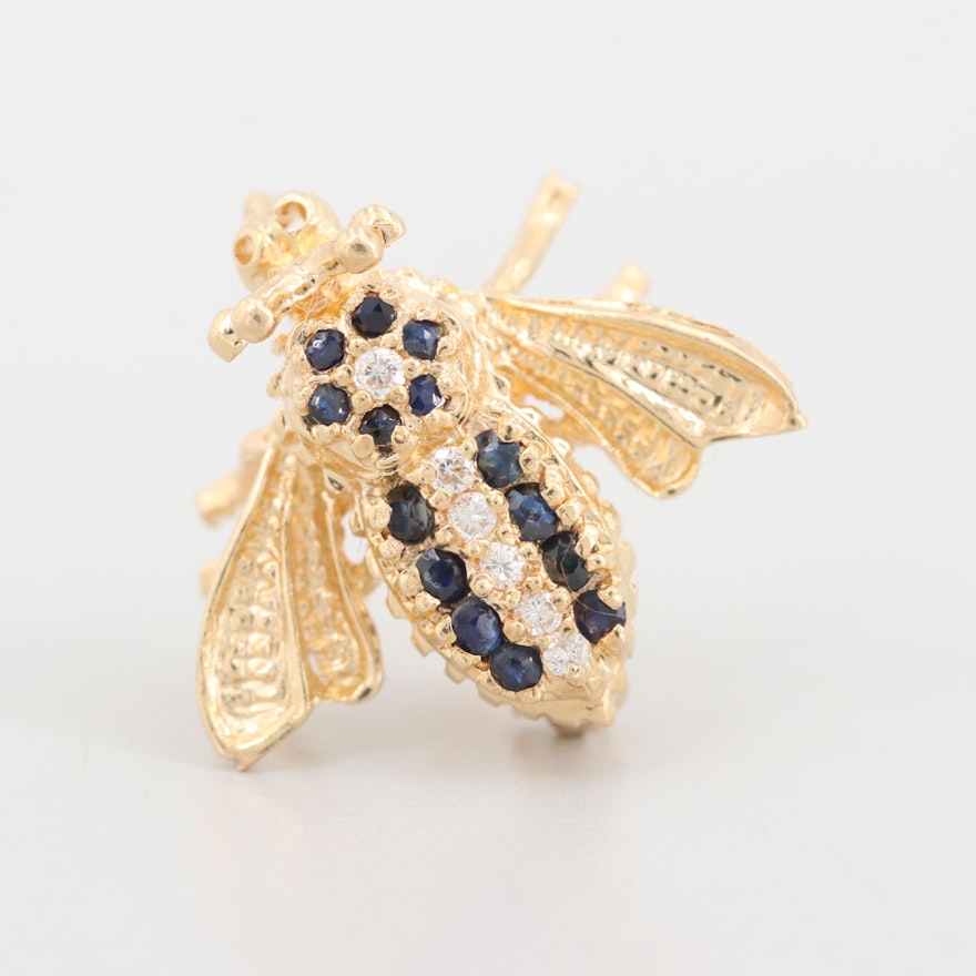 14K Yellow Gold Diamond and Sapphire Insect Brooch