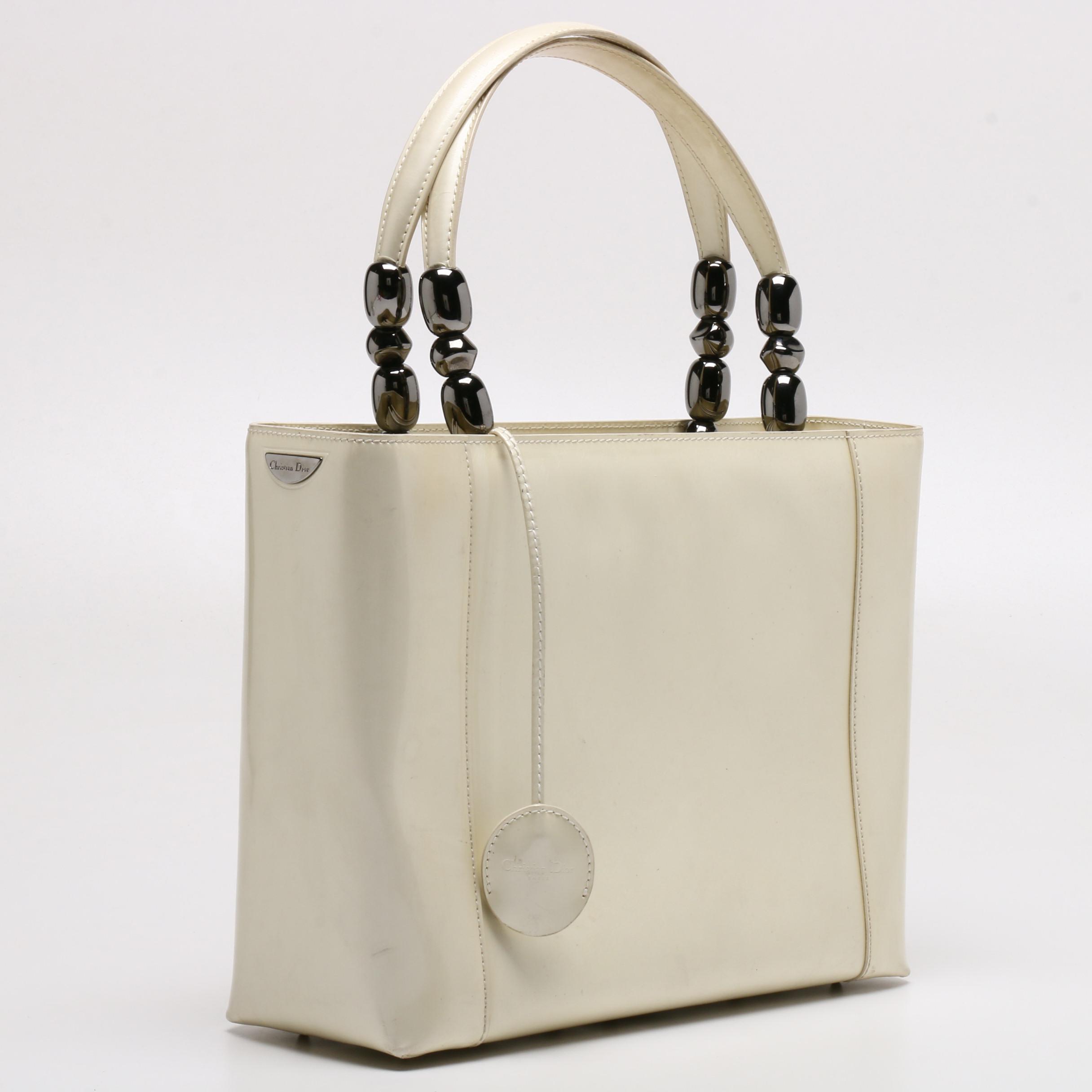 Christian Dior Paris Cream Patent Leather Malice Beaded Handle Tote Bag