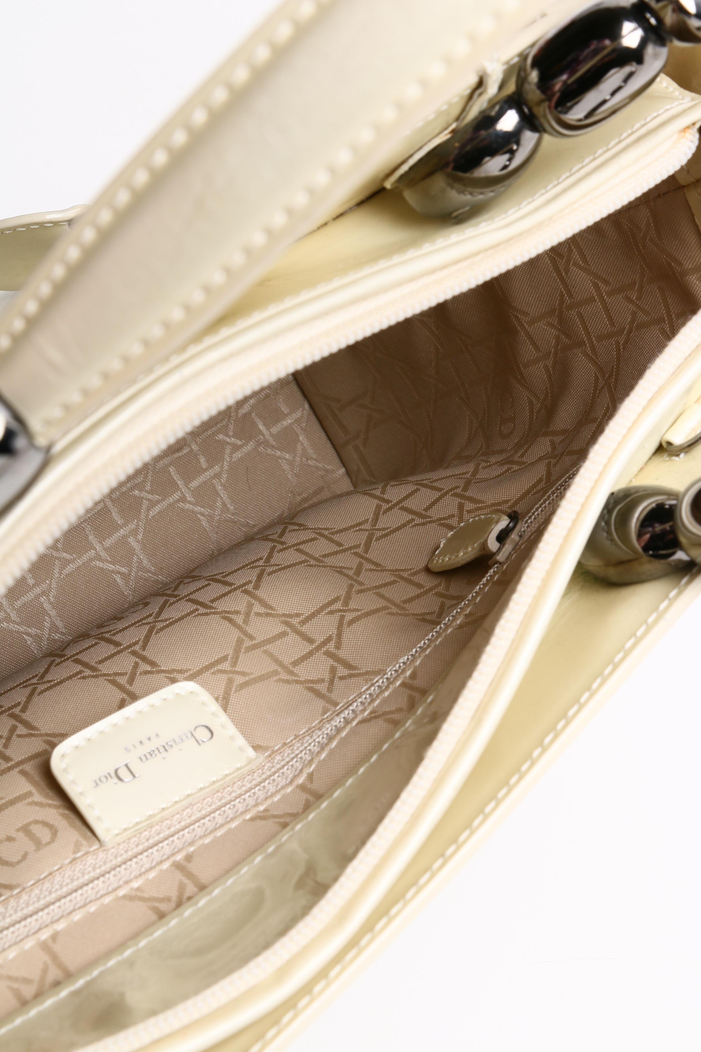Christian Dior Paris Cream Patent Leather Malice Beaded Handle Tote Bag
