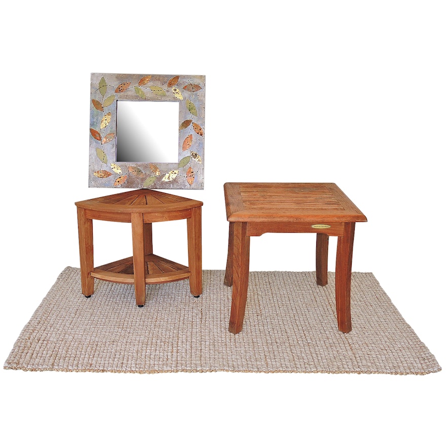 Pottery Barn "Chunky" Rug with Smith and Hawken Stool and Metalwork Mirror