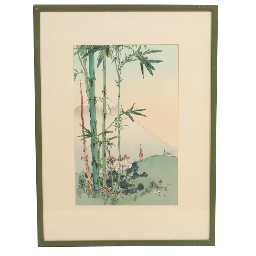 Yoshimoto Gessō Woodblock "Sparrow, Bamboo, and Mt. Fuji"