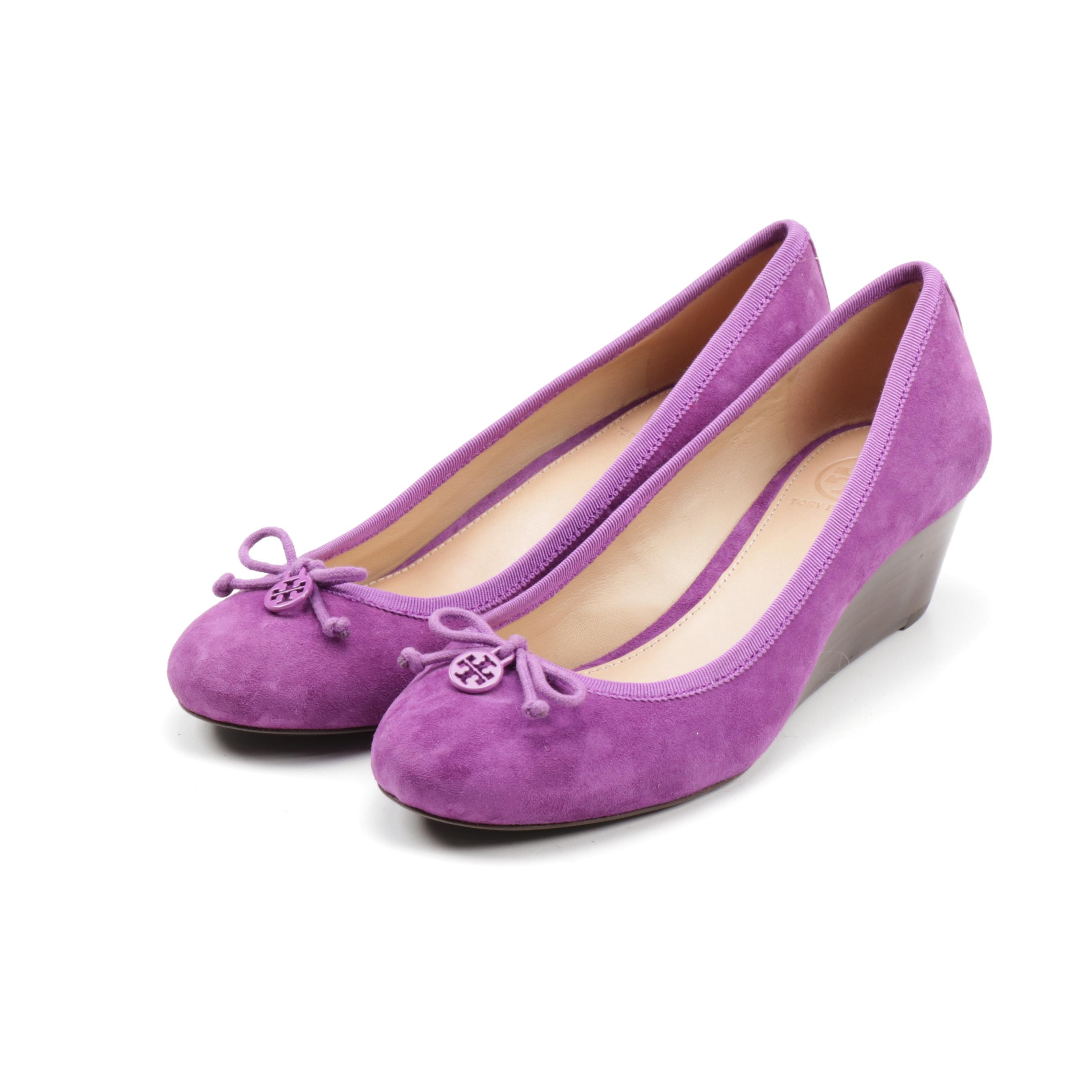 Tory Burch Orchid Magenta Purple Suede Wedges Trimmed in Grosgrain with Bow