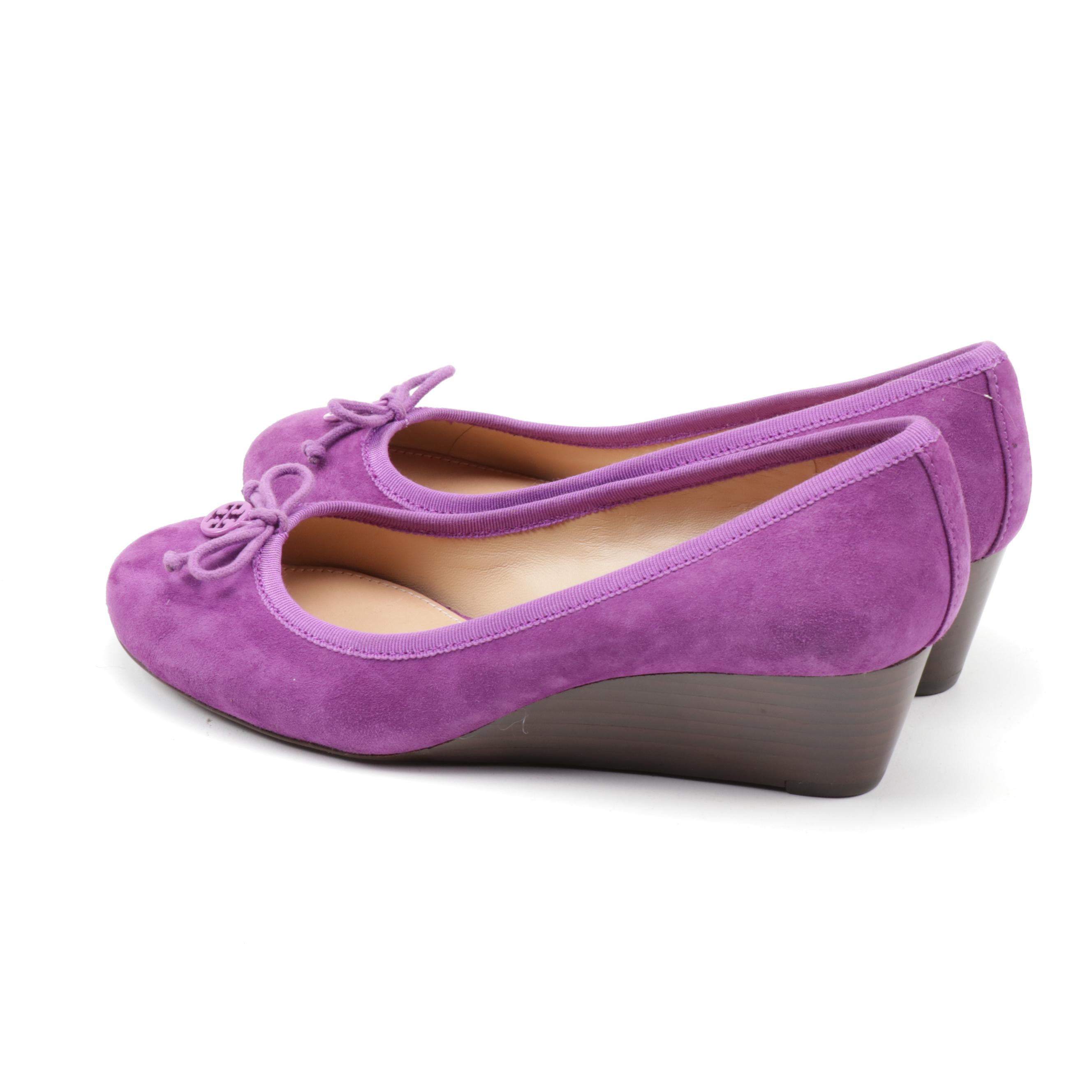 Tory Burch Orchid Magenta Purple Suede Wedges Trimmed in Grosgrain with Bow