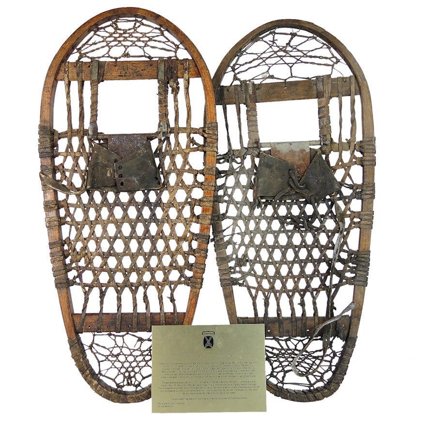 WWII 10th Mountain Division C.A. Lund Snowshoes with Placard