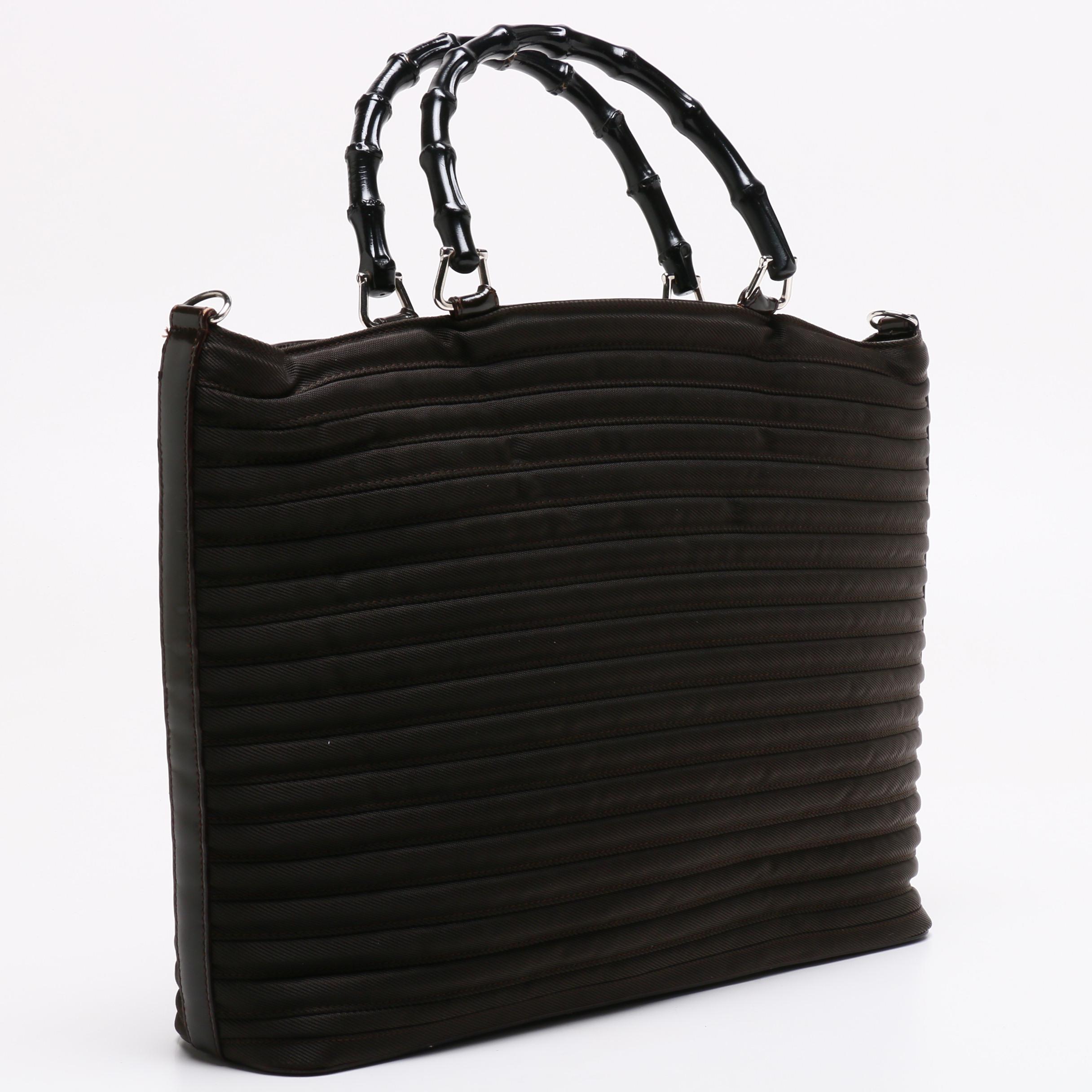 Gucci Dark Brown Nylon Bamboo Handle Tote Trimmed in Leather