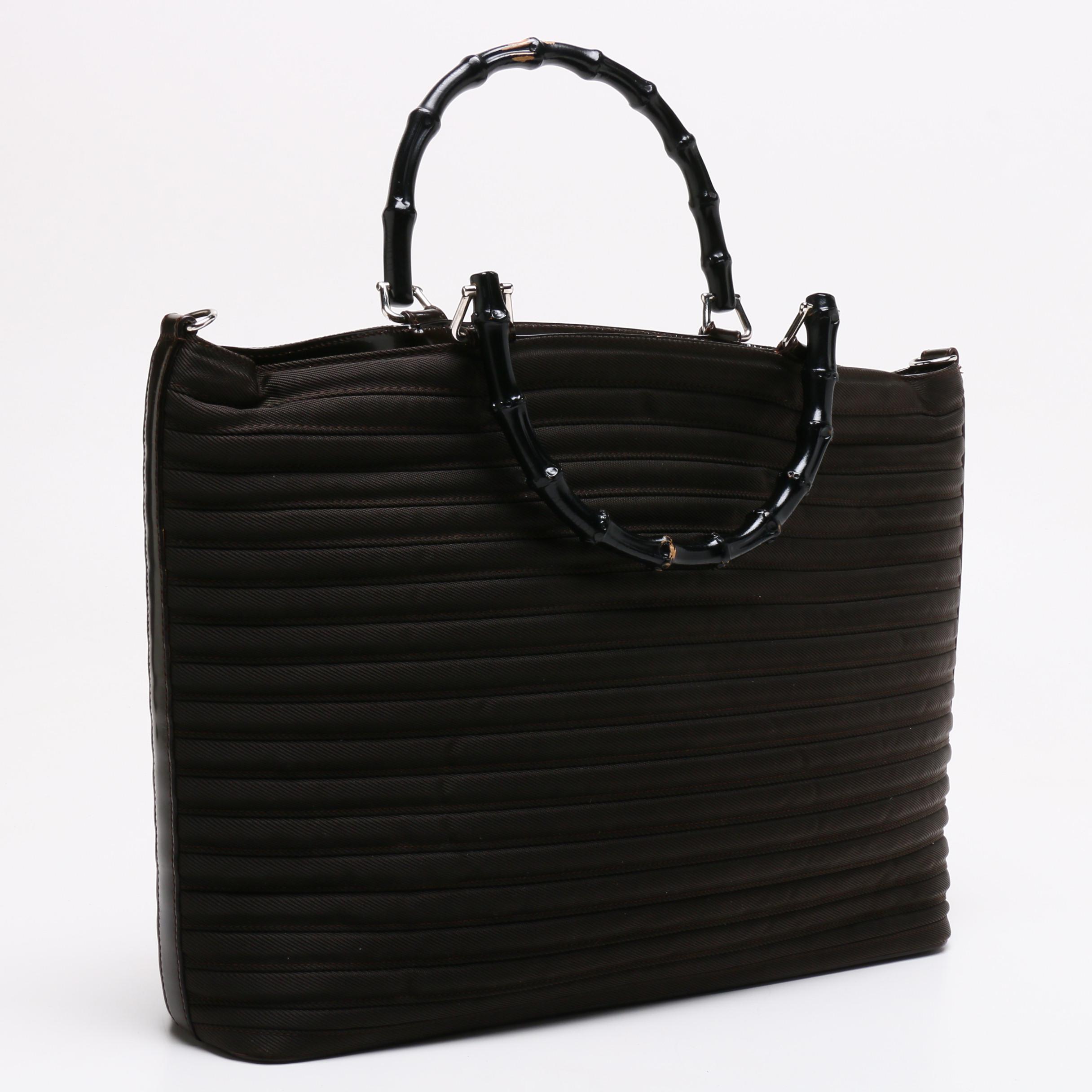 Gucci Dark Brown Nylon Bamboo Handle Tote Trimmed in Leather