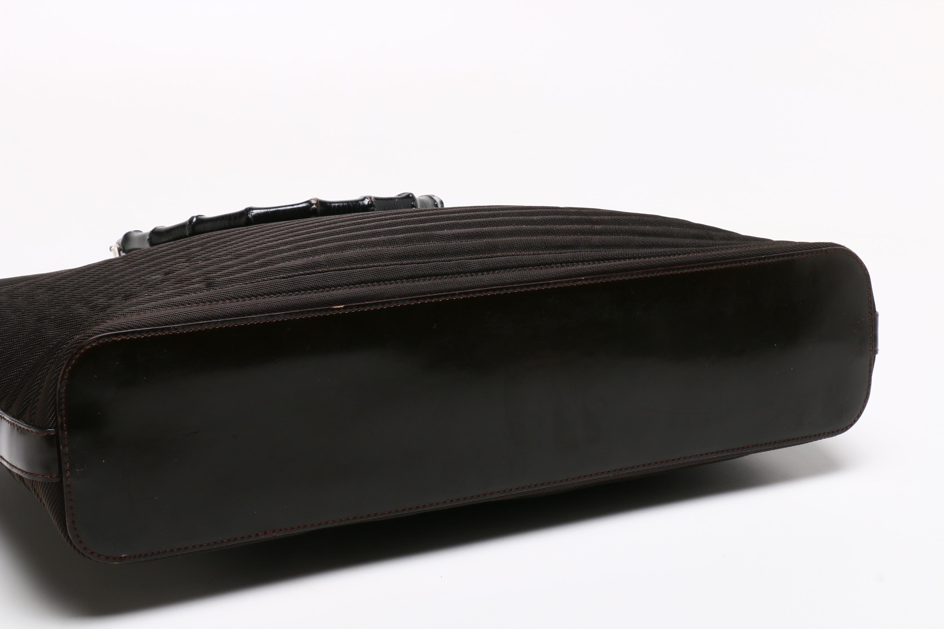 Gucci Dark Brown Nylon Bamboo Handle Tote Trimmed in Leather