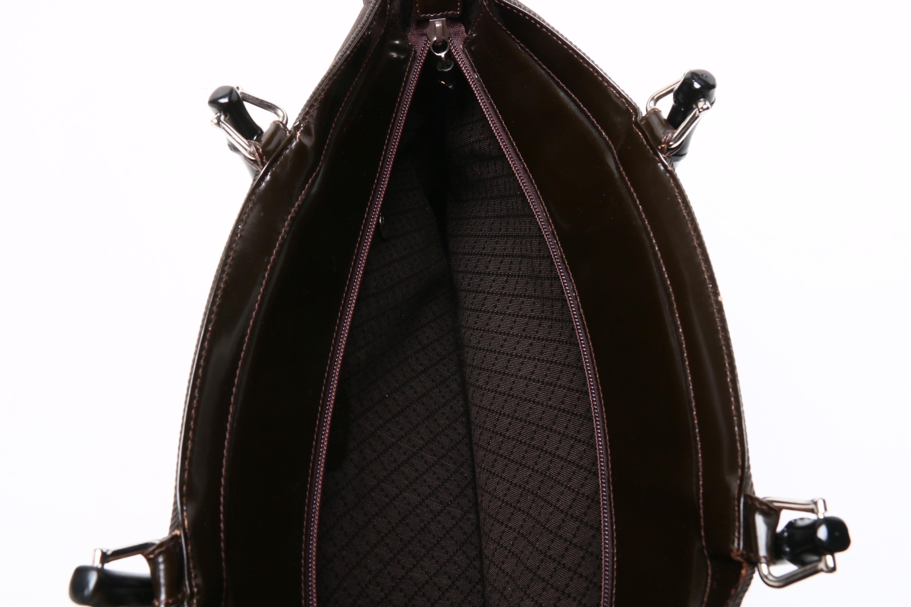 Gucci Dark Brown Nylon Bamboo Handle Tote Trimmed in Leather