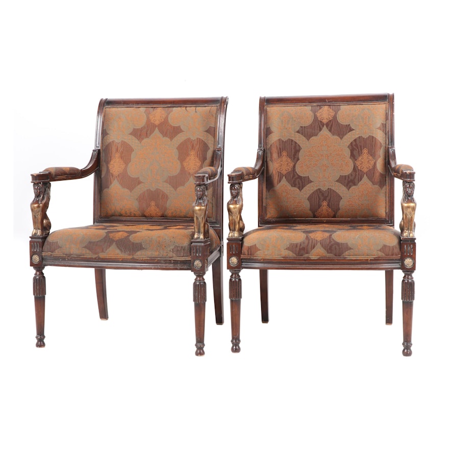 Pair of French Empire Style Upholstered Wooden Armchairs, Late 20th Century