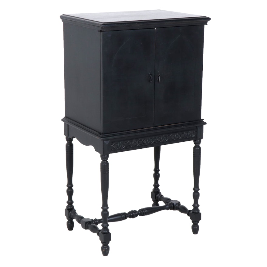 Colonial Revival Black-Painted Wooden Chest on Stand, Mid-20th Century