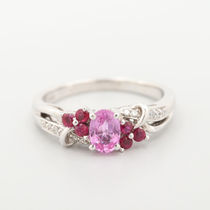 18K White Gold Pink Sapphire, Diamond and Ruby Ring
