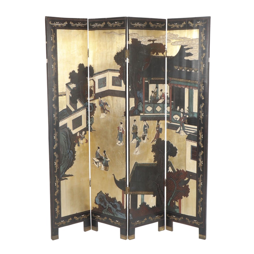 Chinese Hand-Carved Four Panel Wooden Room Divider