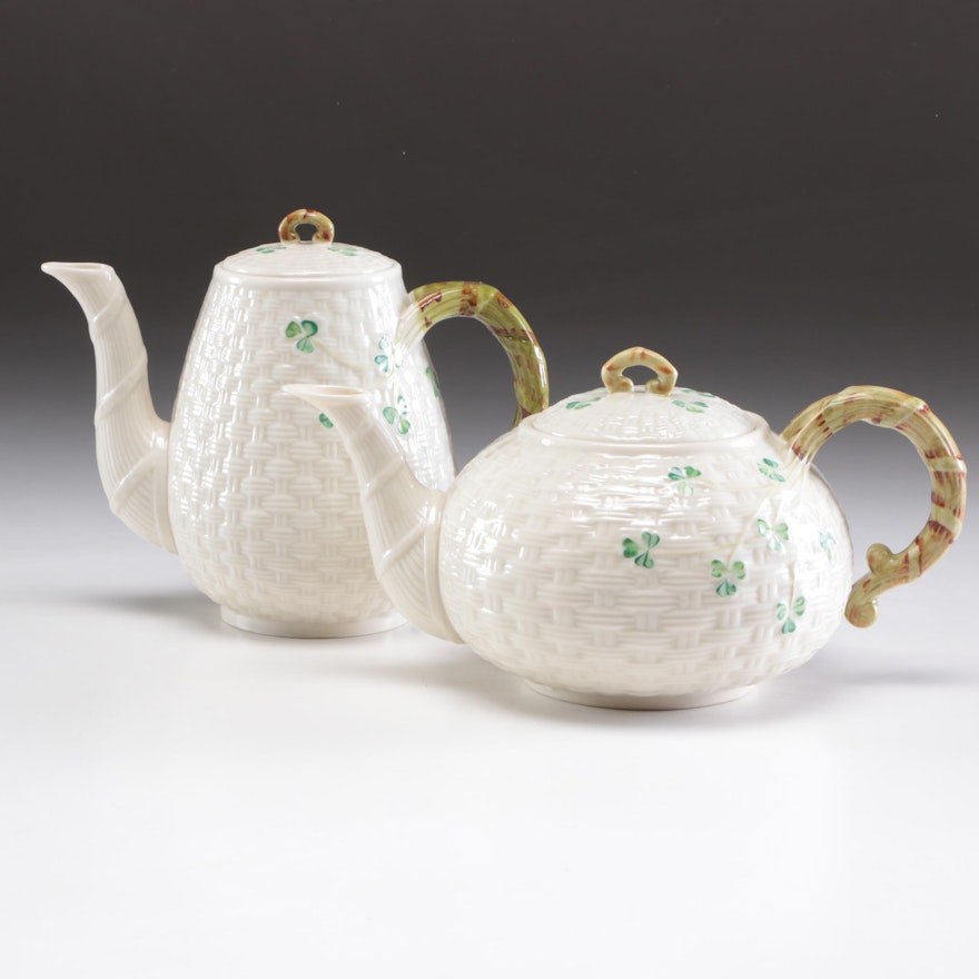 Belleek "Shamrock" Porcelain Tea and Coffee Pots, Mid-Century