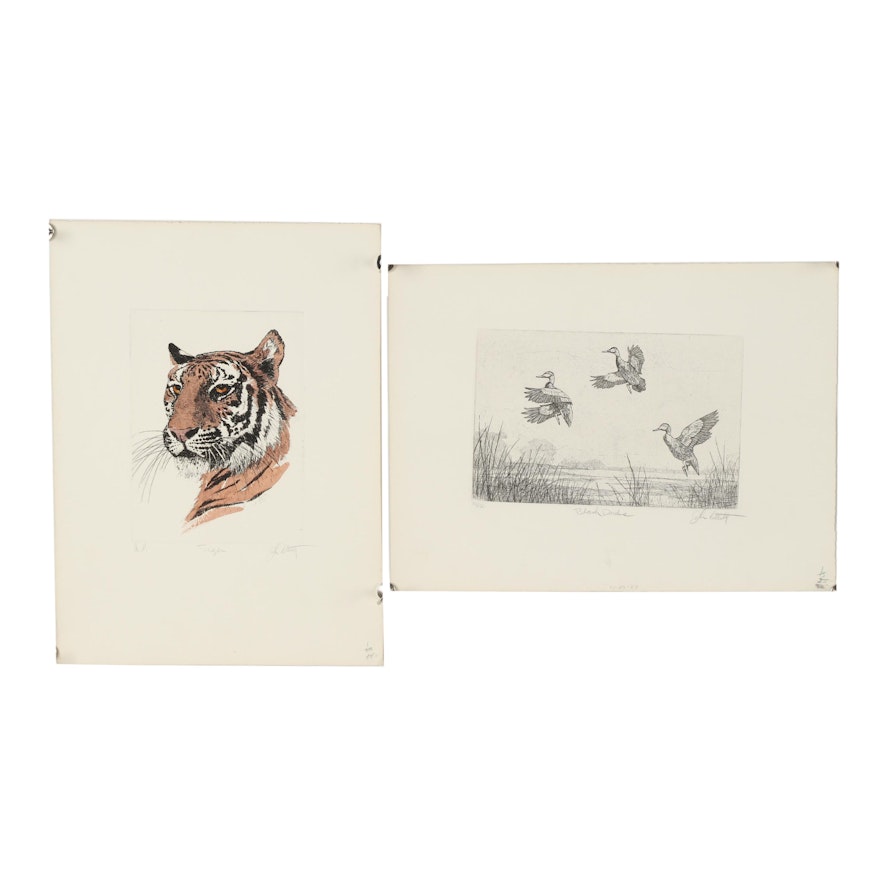 John Collette Etchings "Tiger" and "Black Ducks"