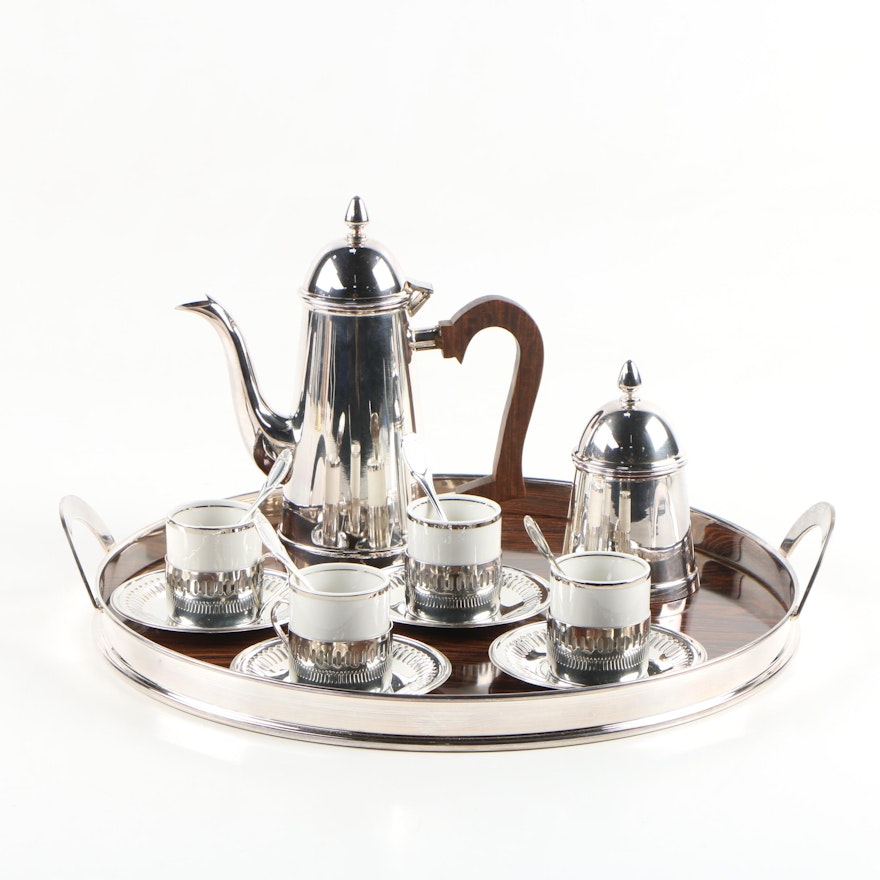 Bellini Silver Plate Demitasse Cup Sets with Coffee Pot, Tray, and Sugar Bowl