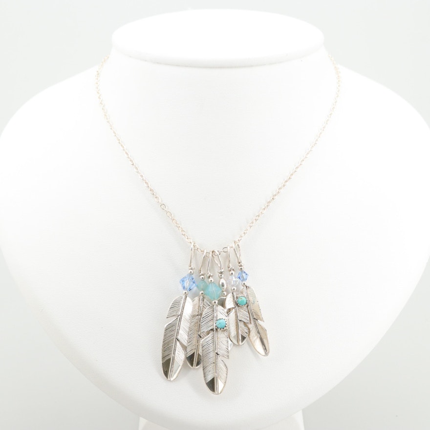 Southwestern Sterling Glass Crystal and Imitation Turquoise Feather Necklace