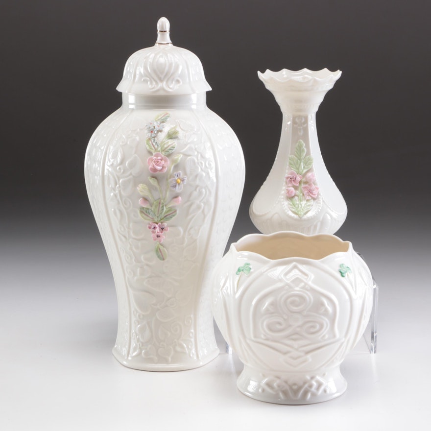 Belleek Porcelain "Cherry Blossom" Vase, Covered Vase and Cache Pot