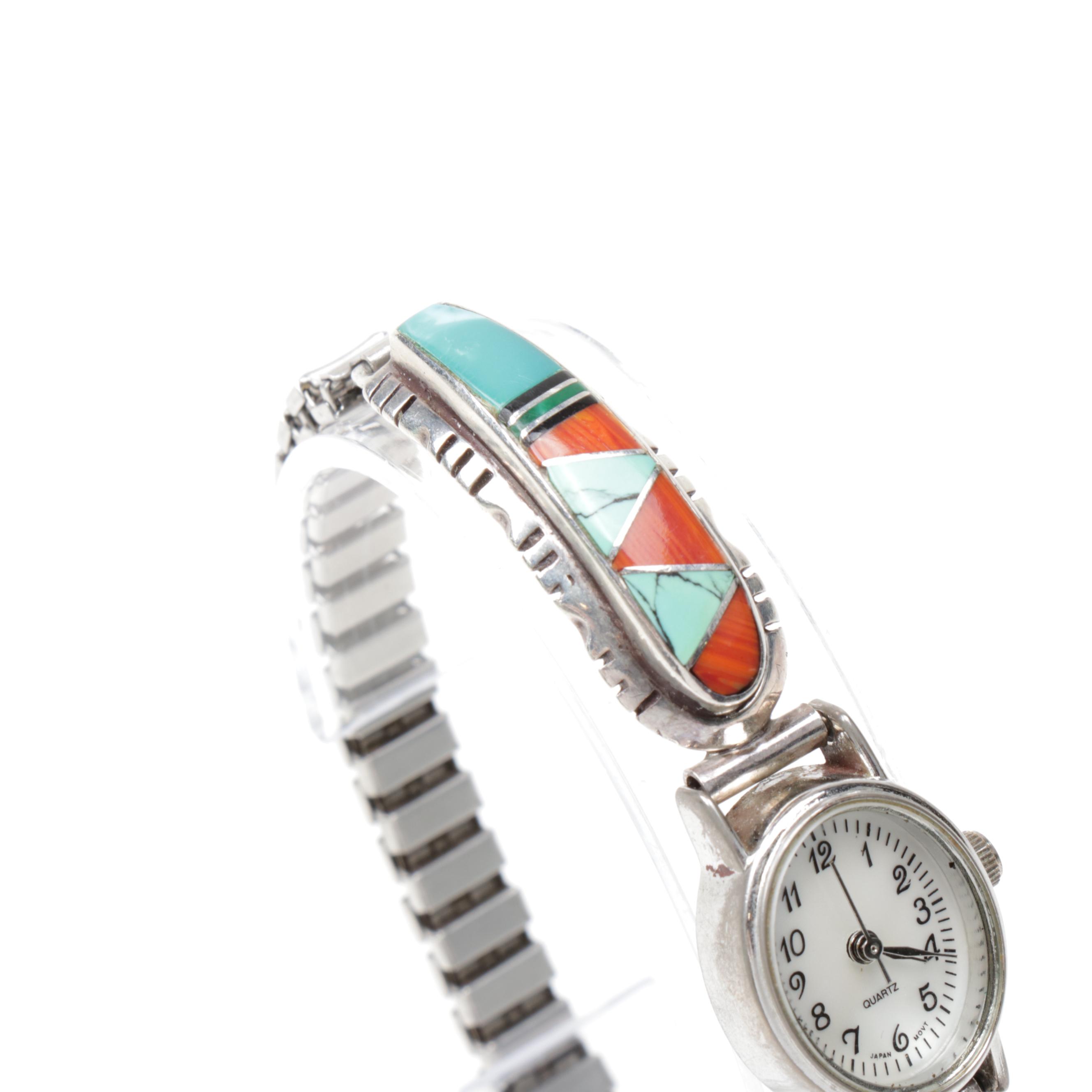 Sterling Silver, Metal, Turquoise, and Coral Southwest Style Watch
