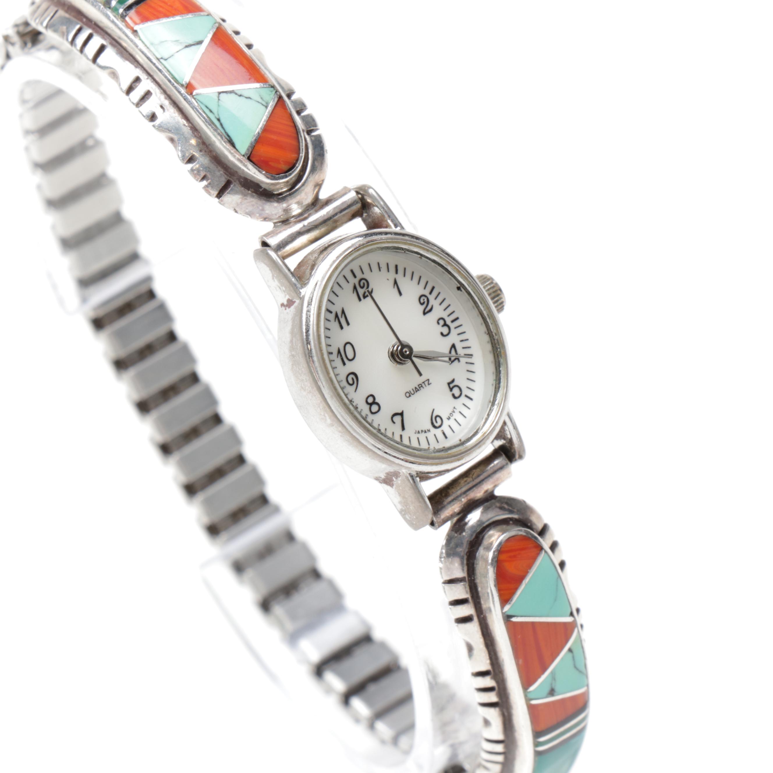 Sterling Silver, Metal, Turquoise, and Coral Southwest Style Watch
