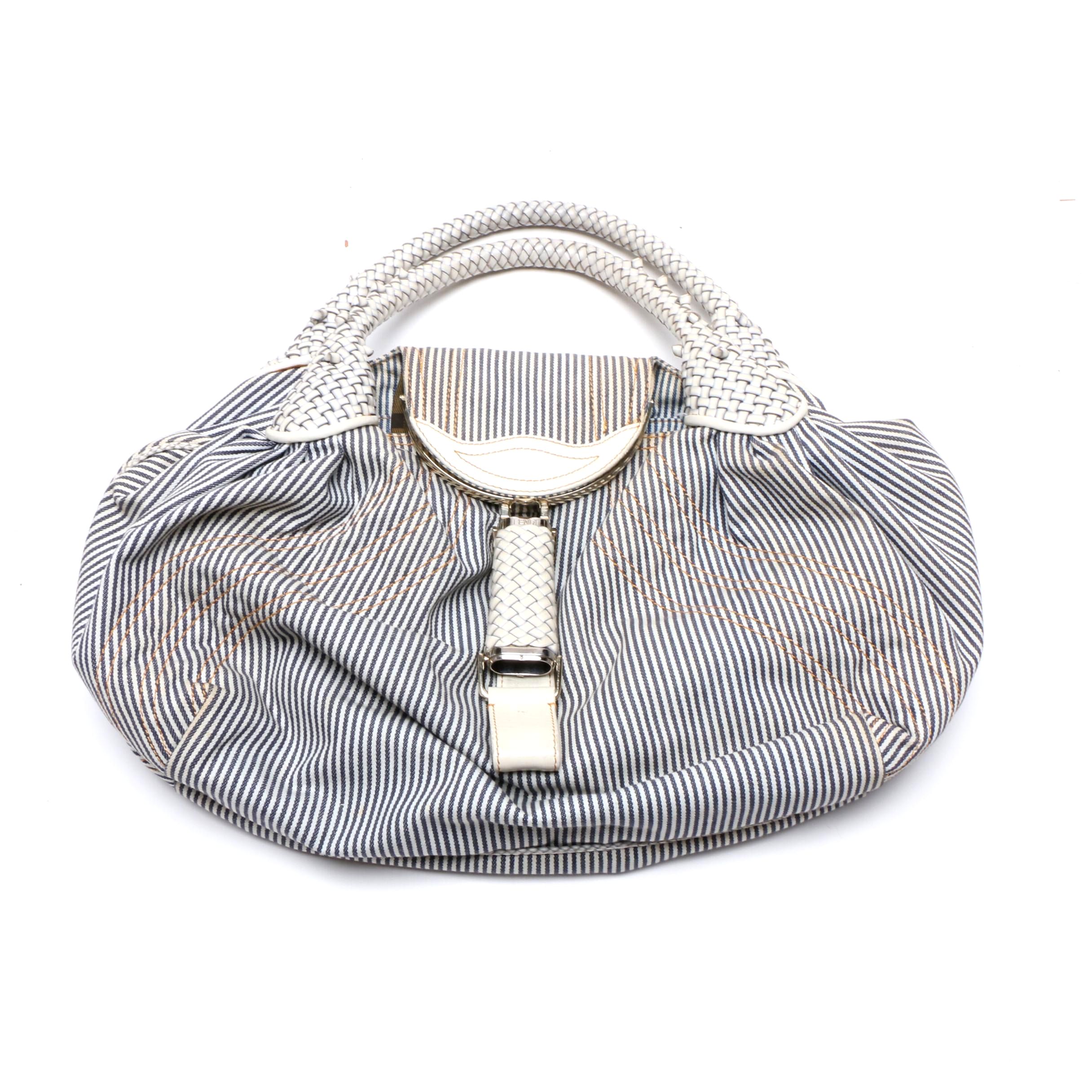 Fendi Denim Striped Jeans Seersucker Spy Bag with Woven Leather Handles