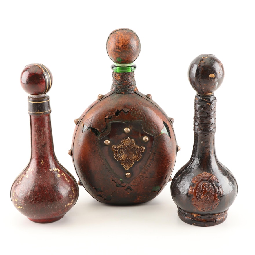 Leather-Bound and Tooled Italian Decanters