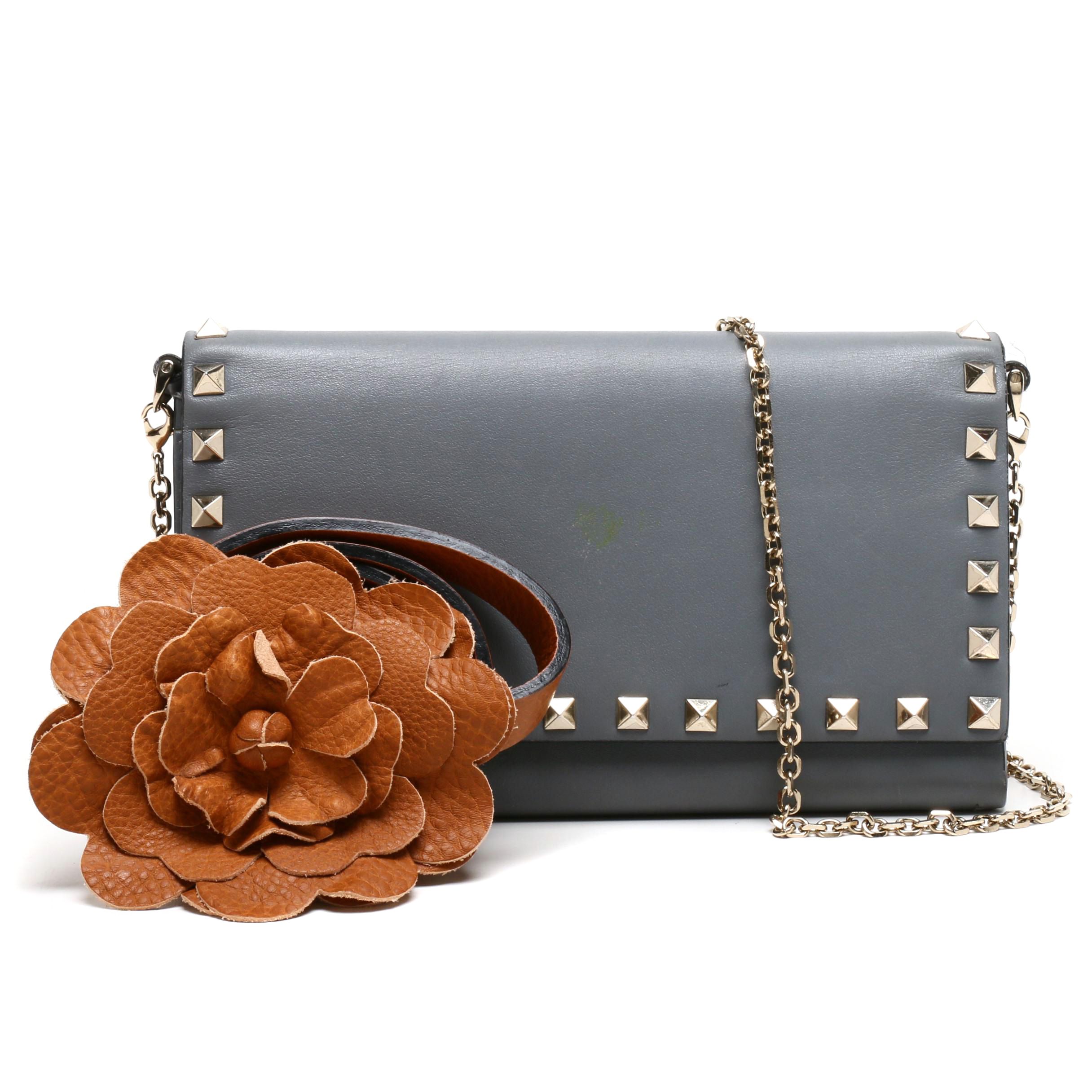 Valentino Garavani Gray Leather Rockstud Wallet on Chain Strap and Flower Belt