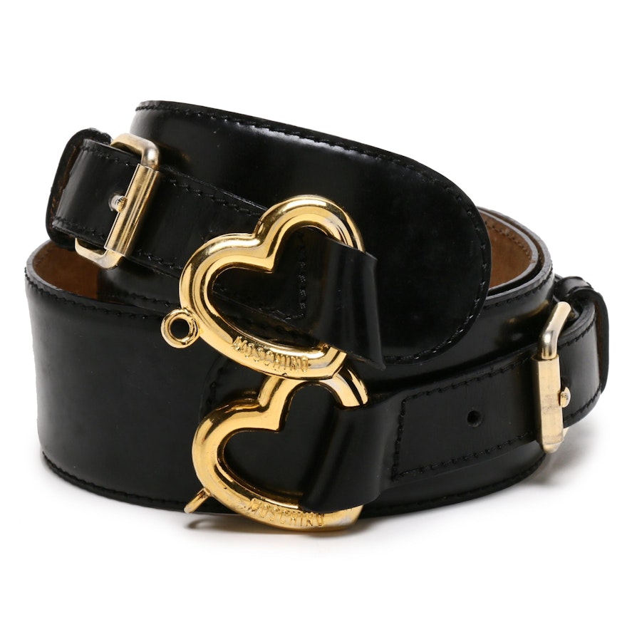 Moschino Black Leather Belt with Gold Tone Heart Buckle
