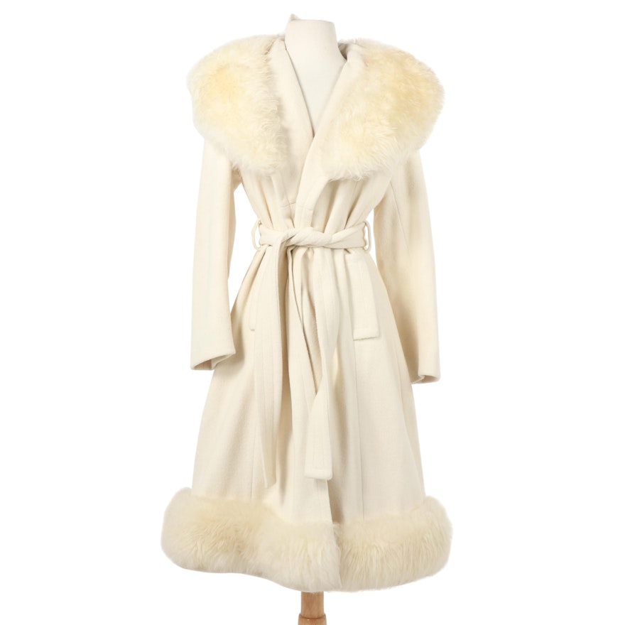 Women's Off-White Wool Wrap Coat with Shearling Collar and Trim, Vintage