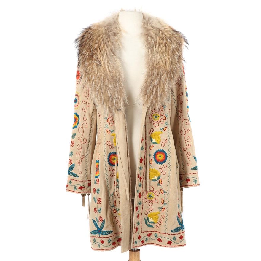 Double D Ranch Embroidered Suede Coat with Raccoon Fur Collar