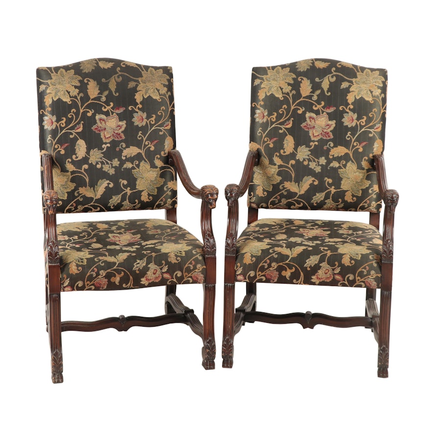 Pair of Baroque Style Wooden Upholstered Armchairs with Carved Lion's Heads