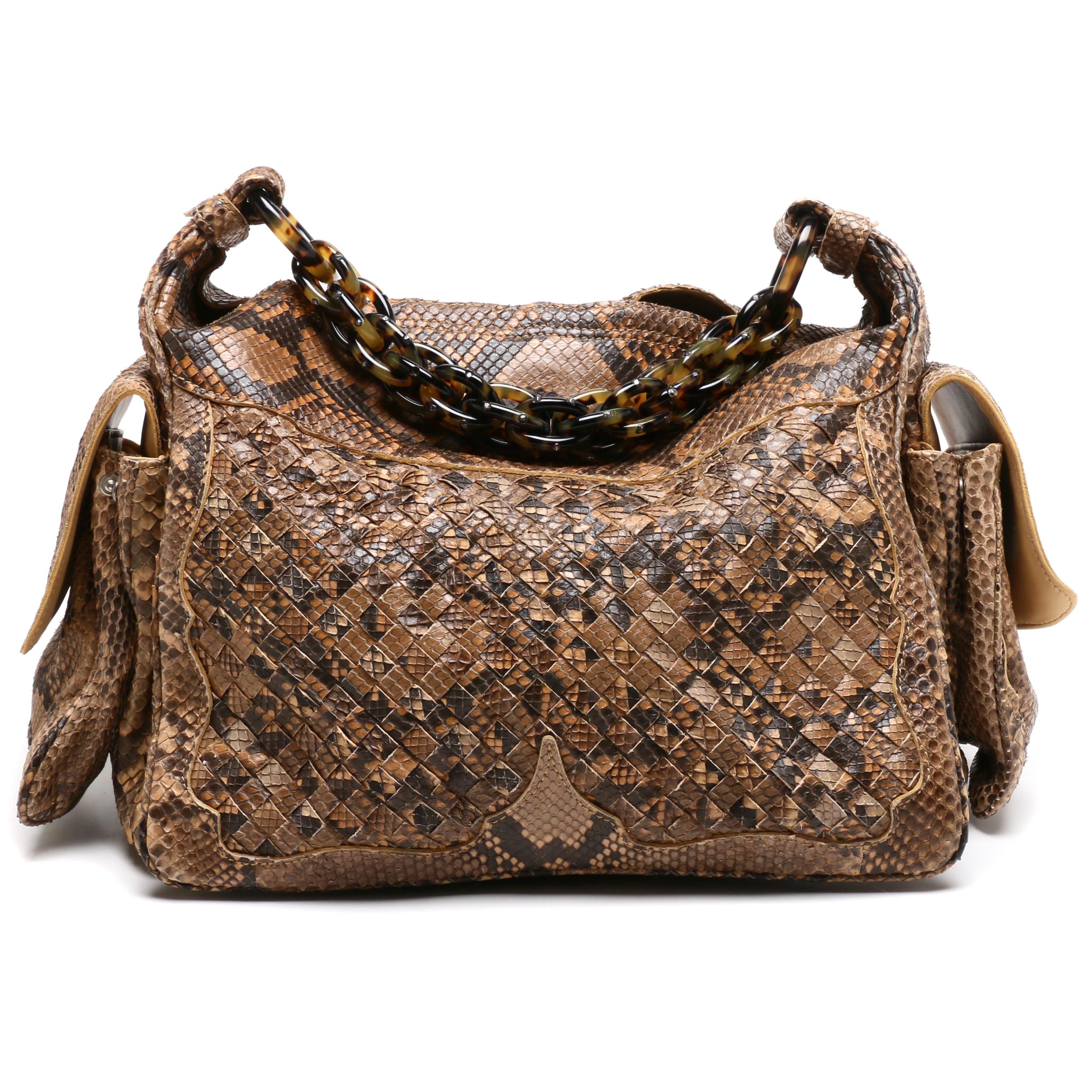 Bottega Veneta Intrecciato Python Skin Bag with Tortoiseshell Style Chain Strap
