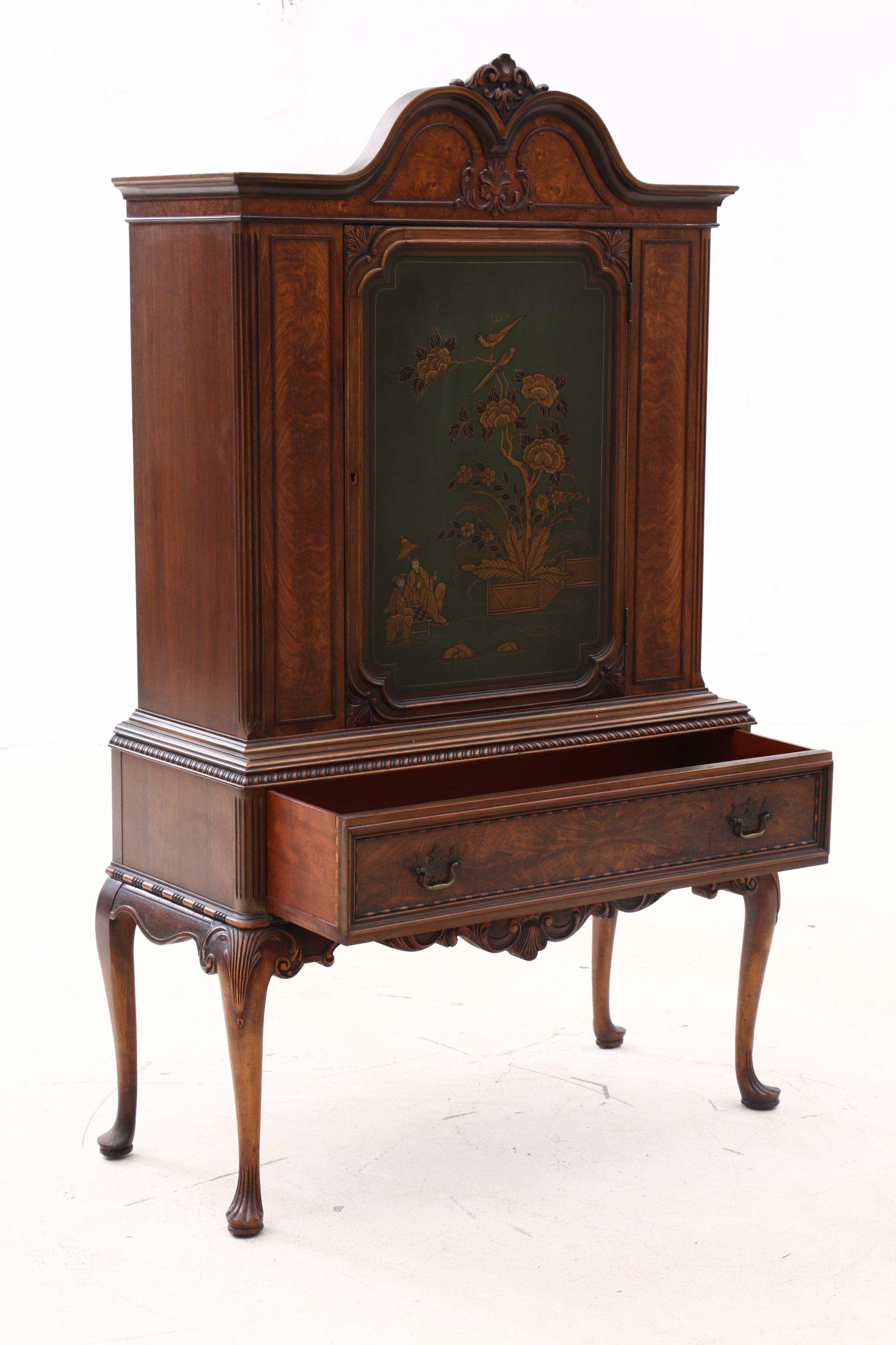 George II Style Walnut Burl with Chinoiserie by Berkey & Gay, Circa 1920-1930s