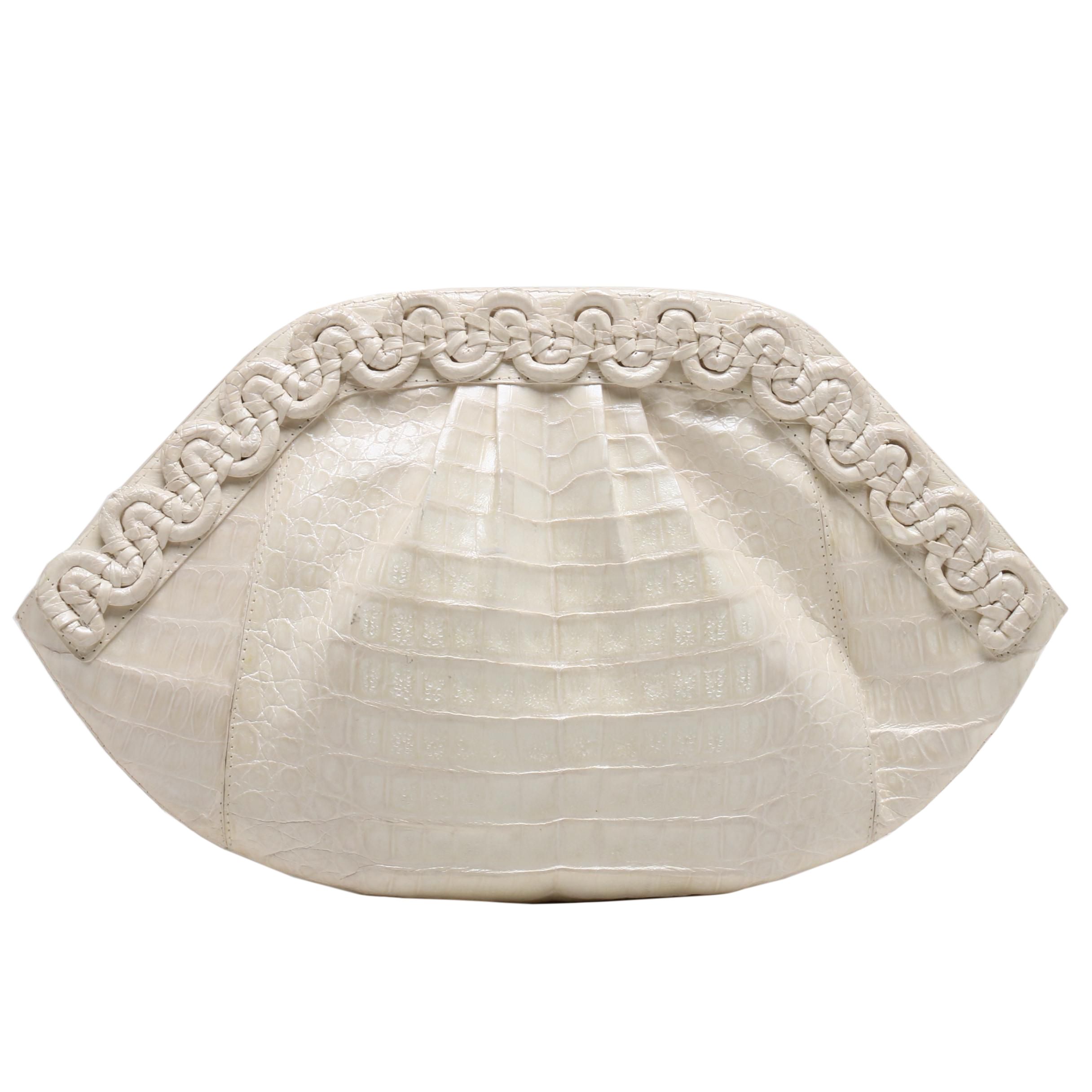 Nancy Gonzalez Pearlescent White Caiman Crocodile Clutch
