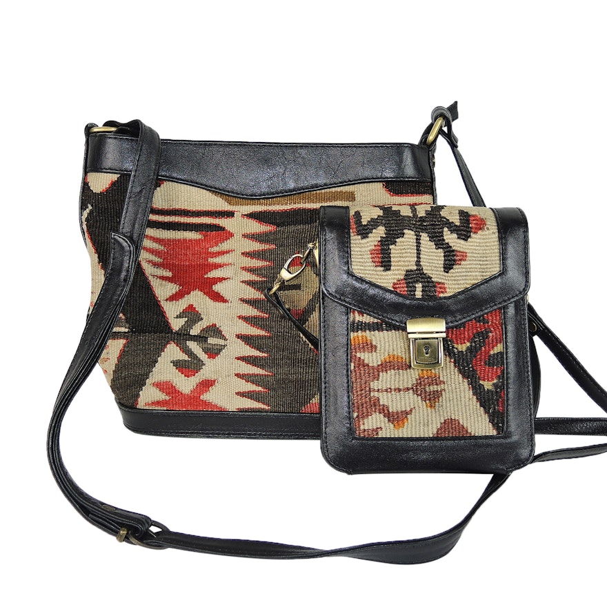Kilim Style Shoulder Bag and Crossbody Wallet with Leather Trim