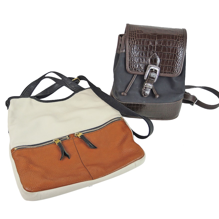 Brighton Croc Embossed Leather Trimmed Backpack and Fossil Leather Shoulder Bag