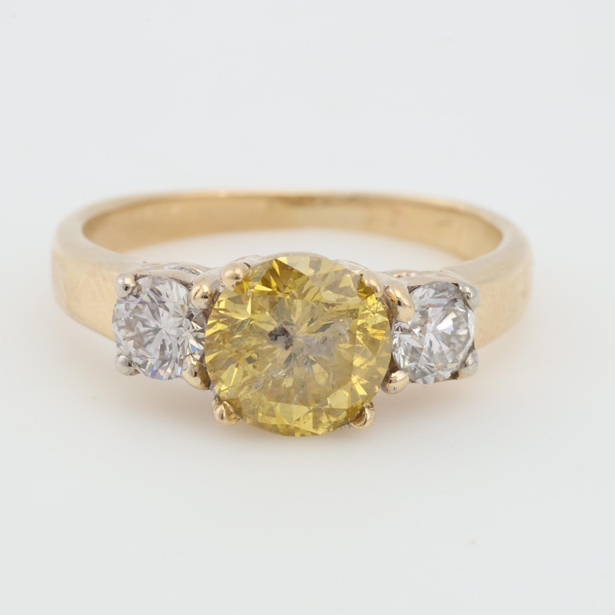 18K Yellow Gold Natural and Irradiated Yellow Diamond Ring, 1.55 CTW