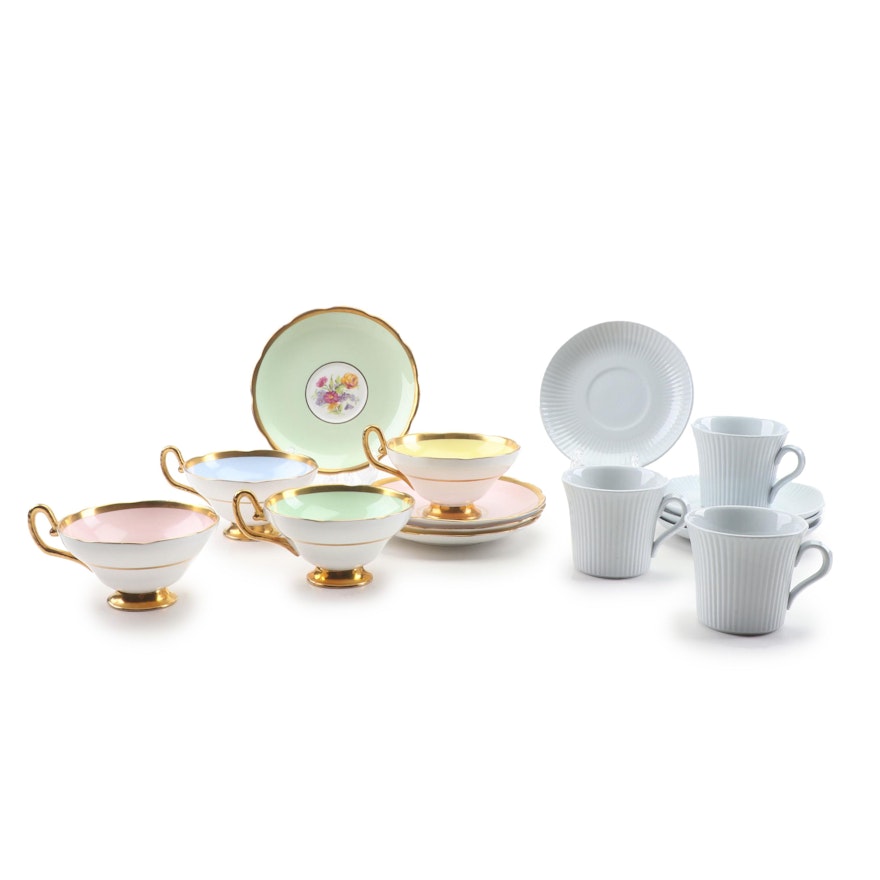 Taylor & Kent Gold Trim Bone China and Ribbed Ceramic Teacups and Saucers