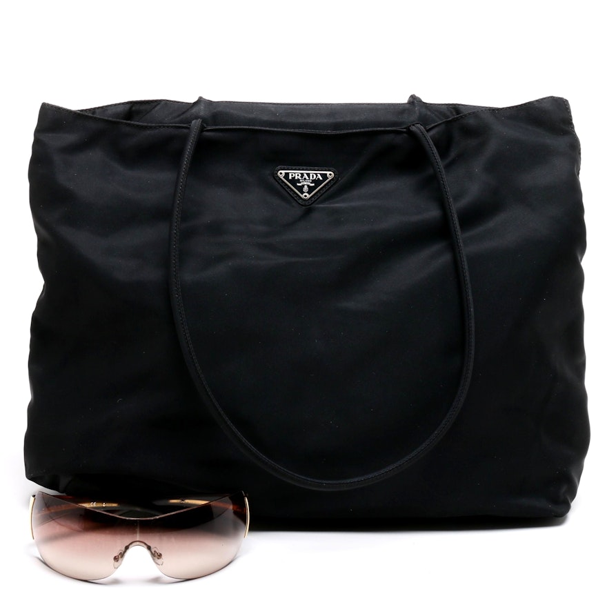 Prada Black Tessuto Nylon Tote Bag With Prada Shield Style Sunglasses