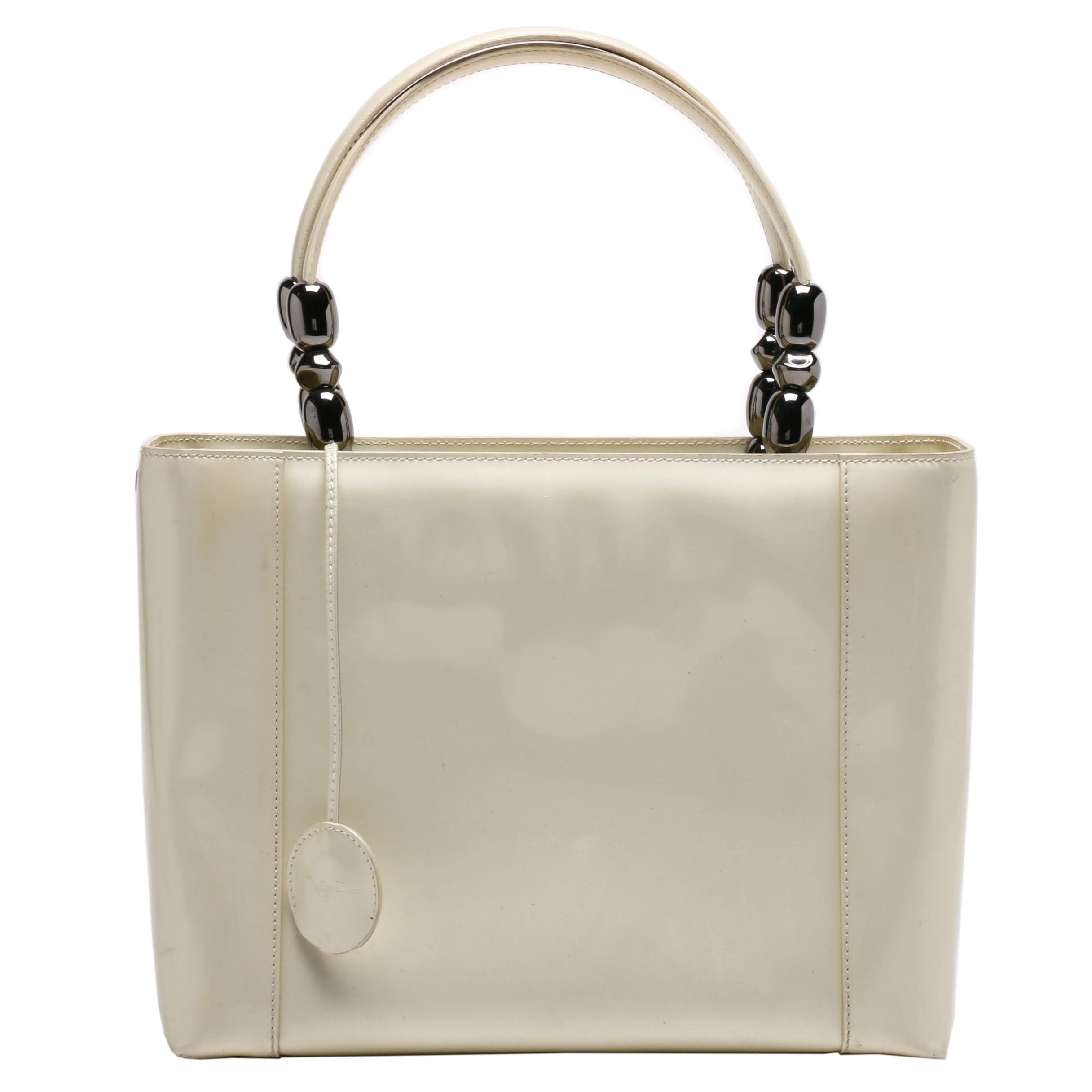 Christian Dior Paris Cream Patent Leather Malice Beaded Handle Tote Bag